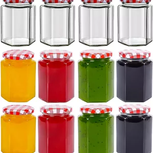 اسکای‌لینک ۱۲ عددی شیشه شش ضلعی ۸ اونسی با درب قرمز چهارخانه هواگیر، شیشه‌های کوچک کنسرو برای مربا، عسل، ترشی، نگهداری مواد غذایی، نگهداری ادویه، ساخت شمع دست‌ساز و گیفت مهمانی