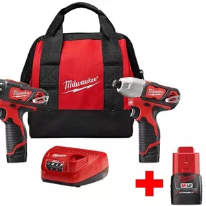 کیت ترکیبی دریل/دریل پیچ گوشتی شارژی 12 ولت لیتیوم-یون Milwaukee M12 (2 ابزار) به همراه باتری M12 1.5 آمپر ساعت (2 عددی)
