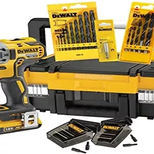 ست دریل پیچ گوشتی / دریل شارژی دو سرعته DeWalt DCK791D2T-QW 2Ah به همراه کیت لوازم جانبی، الکترونیک ایمنی، قفل اسپیندل، چراغ کار LED، 460 وات، 18 ولت، 13 میلی متر، 71 قطعه
