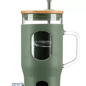 لیوان شیشه ای 946 میلی لیتری NALACAL با درب و نی، بطری های آب شیشه ای با دسته، فنجان شیشه ای با نشانگر زمان و روکش سیلیکونی، مناسب برای جا لیوانی، فاقد BPA - زیتونی