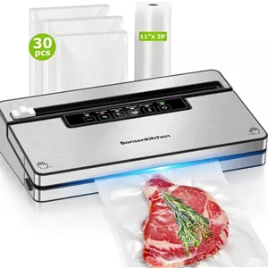 دستگاه وکیوم سیلر Bonsenkitchen، دستگاه های وکیوم سیلر استیل ضد زنگ مواد غذایی با 30 کیسه و 1 رول، 5 حالت وکیوم مواد غذایی، برش داخلی و محل نگهداری کیسه، سازگار با تعهدات آب و هوایی (نقره ای مشکی)