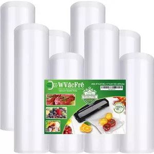 بسته 8 عددی کیسه های وکیوم سیلر WVacFre، شامل 4 رول 8 اینچ در 20 فوت و 4 رول 11 اینچ در 20 فوت، با کیفیت تجاری، فاقد BPA، مقاوم و مناسب برای نگهداری مواد غذایی با وکیوم یا پخت سو وید