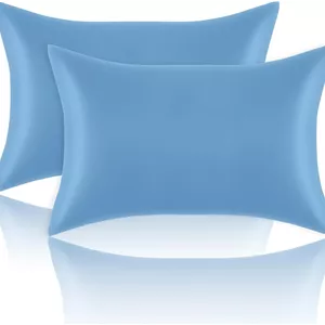 ست روبالشی ساتن استاندارد 2 عددی - روبالشی های نرم ابریشمی برای مو و پوست 50x66 سانتی متر، روکش بالش ساتن آبی 2 عددی با بستن پاکتی برای خانه، مدرسه، هتل