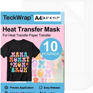 ماسک انتقال حرارت TECKWRAP برای کاغذ انتقال حرارت برای تی شرت، 10 عدد، A4 (210X297 میلی متر)، فیلم ماسک نوار انتقال حرارت شفاف برای وینیل انتقال حرارت قابل چاپ، ورق های ماسک انتقال حرارت