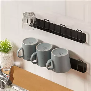نگهدارنده لیوان KASTWAVE، نصب دیواری، بسته 2 عددی، آویز قفسه فنجان قهوه فلزی مدرن با 4 نگهدارنده فنجان، سازمان دهنده نگهداری فنجان چای بدون نیاز به سوراخ کاری برای آشپزخانه، اتاق غذاخوری، اتاق، کافی بار، مشکی