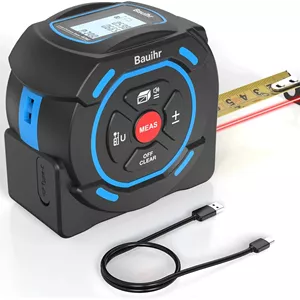 متر لیزری 2 در 1 Bauihr، ابزار اندازه گیری لیزری شارژی با برد لیزر 40 متری و متر نواری 5 متری، صفحه نمایش LCD، تبدیل واحد M/In/Ft/Ft In، اندازه گیری فاصله، مساحت، حجم، فیثاغورث