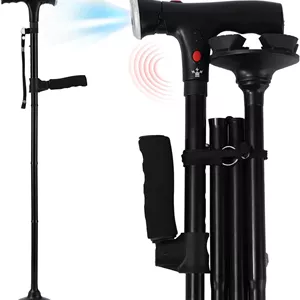 عصای پیاده روی ZIYIZE، عصای تاشو با چراغ LED و آلارم، عصای پیاده روی برای زنان، عصای قابل تنظیم مناسب برای افراد مسن، معلول و مبتلا به آرتروز، عصا با دسته T بالشتکی و چهار پایه چرخان
