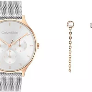 ساعت مچی زنانه کلوین کلاین Timeless Mesh Mf با صفحه نقره ای سفید و بند استیل ضد زنگگوشواره زنانه کلوین کلاین Linked