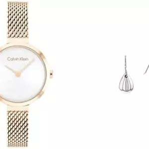 ساعت مچی زنانه کلوین کلاین مدل Minimalistic T Bar 28Mm با بند حصیری، صفحه نقره‌ای سفید و روکش طلایی میخکیگوشواره زنانه کلوین کلاین مدل Sculptured Drops