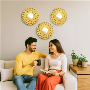 ست شیک 3 تایی آینه های دکوراتیو دیواری 10 اینچی برای اتاق نشیمن، دکوراسیون منزل و اتاق خواب، لوازم جانبی دکور دیواری آویز گرد - طلایی