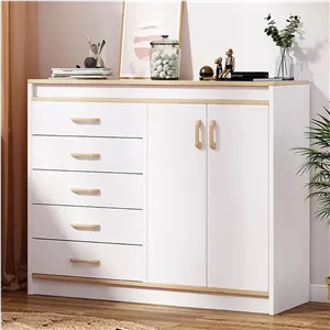 دراور MUMOO BEAR، کابینت ذخیره سازی چوبی با 5 کشو و 2 درب برای لوازم خانگی و ظروف آشپزخانه، کابینت ذخیره سازی مدرن کشو برای اتاق نشیمن، اتاق غذاخوری و اتاق خواب، DG100 (سفید)