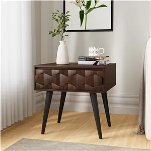 میز پاتختی چوبی جورجینا با کشو - کابینت کنار تختی طرح هندسی روستیک اسمبل شده - میز کنار مبلی مدرن اواسط قرن برای اتاق نشیمن، اتاق خواب