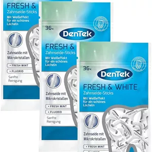 نخ دندان کمانی دنTek Fresh & White - حاوی میکروکریستال - برای فضاهای بین دندانی سفیدتر - نخ دندان با طعم نعناع - خلال دندان - تمیز کننده زبان، 3 بسته 36 عددی