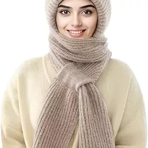 کلاه و شال گردن بافتنی زنانه مدل 2in1 رنگ کرم