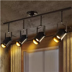 چراغ سقفی قابل تنظیم اسپات لایت، لوستر صنعتی رترو خلاقانه 4 سر LED، آویز با میله بلند، شید، چراغ آهنگ مشکی، آهن فرفورژه، نیمه فلاش، لامپ سقفی مشکی E27