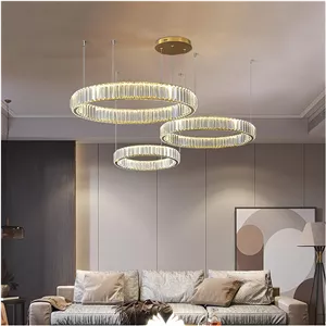 لوستر مدرن کریستالی دایره ای RC LED دیمر پذیر، لوستر آویز حلقه ای فولادی طلایی/کروم، روشنایی لوستر اتاق نشیمن، چراغ آویز خانگی، 1 حلقه-d80cm-نور گرم