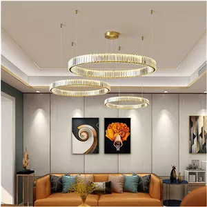 لوستر مدرن کریستالی دایره ای RC LED دیمر پذیر، لوستر آویز حلقه ای فولادی طلایی/کروم، روشنایی اتاق نشیمن، چراغ آویز خانگی، 1 حلقه-d100cm-RC