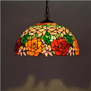 چراغ آویز به سبک تیفانی، لوستر شیشه ای رنگی رترو آمریکایی، چراغ های آویز تزئینی گل رز هنری خلاقانه مناسب برای اتاق خواب، دفتر، رستوران، کافه، بار، 16 اینچ
