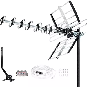 آنتن تلویزیون HD پنج ستاره، جدیدترین نسخه 2024، VHF/UHF 4K با برد 200 مایل به همراه اسپلیتر آنتن با قابلیت پشتیبانی از 4 تلویزیون و کابل 40 فوتی RG6، آماده برای ATSC 3.0 به همراه لوازم نصب