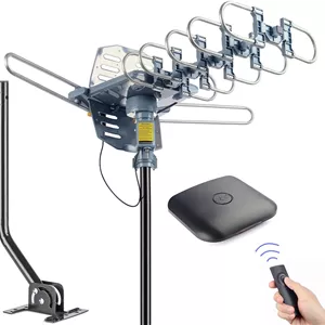 آنتن بیرونی دیجیتال HDTV پینگ بینگ دینگ، آنتن تلویزیون تقویت شده 150 مایل، چرخش 360 درجه موتوری با کابل کواکسیال 40FT RG6 و میله نصب، نصب آسان UHF/VHF/1080P