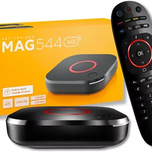 دستگاه گیرنده تلویزیون Raxxio MAG544w3 - دستگاه پخش جریانی تلویزیون 4K HDR با چیپست Amlogic S905Y4، رم 1 گیگابایتی DDR4، حافظه فلش 4 گیگابایتی، Dolby Digital Plus، لینوکس 4.9، وای فای دو بانده، USB 2.0، کابل HDMI و ریموت