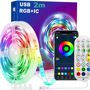 نوار نور هوشمند USB 5V UanTii، نوار چراغ LED بلوتوث RGBIC همگام سازی موسیقی زمان بندی با کنترل از راه دور، کنترل برنامه بلوتوث برای نور پس زمینه تلویزیون اتاق خواب سقف اتاق بازی (2 متر)