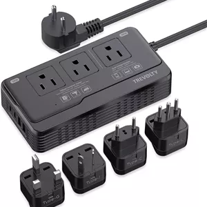 مبدل ولتاژ 2000 وات از آمریکا به اروپا - آداپتور مبدل برق 7 در 1 با دوشاخه های EU/UK/IT/AU، مبدل 220 ولت به 110 ولت با 3 پریز AC، 2 پورت USB و 2 پورت Type-C برای مسافرت
