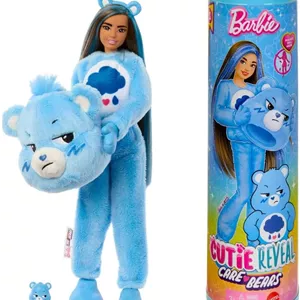 عروسک باربی Cutie Reveal و لوازم جانبی، سری Care Bears، عروسک فشن با لباس مخمل خواب دار خرس بداخلاق و 10 سورپرایز شامل تغییر رنگ و مینی خرس