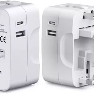 آداپتور مسافرتی جهانی HEYMIX LIFE، آداپتور مسافرتی جهانی USB C، دوشاخه برق مسافرتی جهانی با USB، آداپتور دوشاخه مسافرتی همه کاره برای EU/US/UK/AU سازگار با iPhone/Samsung (سفید، بسته)
