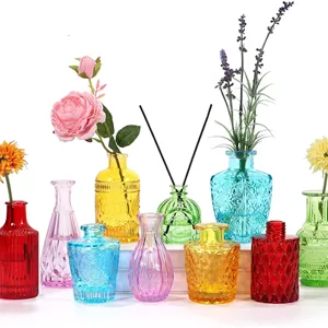 ست ۱۰ عددی گلدان شیشه‌ای کوچک O9، گلدان‌های تک گل رنگی عمده، گلدان‌های مینیاتوری دکوری روستیک برای مرکز میز، بطری‌های شیشه‌ای وینتج برای عروسی، خانه، تزئین میز