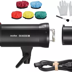 فلاش استودیویی گودکس SK400II-V با توان خروجی تقویت شده 400Ws، نور استروب 5600 ± 200 کلوین، سیستم وایرلس X 2.4G یکپارچه با مانت بوئنز و لامپ مدلینگ LED برای عکاسی تبلیغاتی و فشن