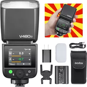فلاش لیتیوم-یونی Godox V480-S TTL برای سونی - GN50 دارای تریگر بی‌سیم داخلی، صفحه لمسی 2.0 اینچی، همگام‌سازی پرسرعت 1/8000 ثانیه، 650 فلاش با قدرت کامل، زمان بازیافت 1.7 ثانیه، لامپ مدل‌سازی LED برای عکاسی پرتره و محصول