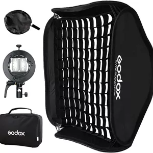 نگهدارنده فلاش GODOX S2 با مانت بوئنز به همراه سافت باکس تاشو گرید دار 60x60 سانتی متر برای عکاسی استودیویی با فلاش اسپیدلایت