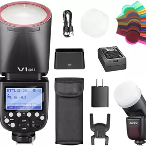 فلاش گودکس V1C U برای دوربین کانن، فلاش اسپیدلایت با سر گرد گودکس V1C U به همراه باتری گودکس VB26، کیت V1C U مناسب برای عکاسی پرتره، مراسم، سفر و عروسی
