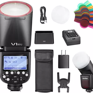 فلاش گودوکس V1N U برای دوربین نیکون، اسپیدلایت سر گرد گودوکس V1N U با باتری گودوکس VB26 مدل V1N U مناسب عکاسی پرتره، مراسم، مسافرت و عروسی