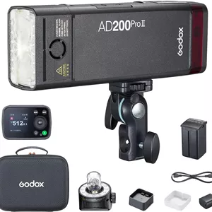 فلاش گودکس AD200PRO II برای سونی کانن نیکون الیمپوس، فلاش اکسترنال، سرهای فلاش بهینه شده، مدلینگ LED دو رنگ، نمایش گروه رنگ، قابل تنظیم از 1/512 تا کامل