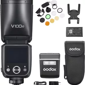 فلاش دوربین با سر گرد Godox V100C، اسپیدلایت TTL 100 واتی با صفحه کنترل لمسی، لامپ تنظیم LED داخلی با فلاش فرعی قابل جابجایی، کیت AK-R1، برد پخش کننده سازگار با دوربین های Canon EOS