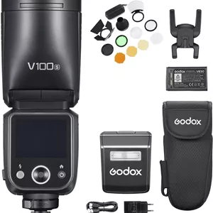 فلاش دوربین با سر گرد Godox V100S، اسپیدلایت 100 واتی TTL با صفحه کنترل لمسی، لامپ تنظیم LED داخلی با فلاش فرعی قابل جابجایی، کیت AK-R1، برد پخش کننده سازگار با دوربین های سونی