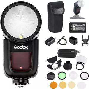 فلاش گرد Godox V1 U برای دوربین Olympus به همراه کیت لوازم جانبی AK-R1 مناسب برای عکاسی پرتره، رویداد، مسافرت و عروسی (نسخه V1U-O ایالات متحده)
