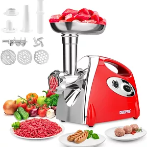چرخ گوشت برقی Geepas - چرخ گوشت و سوسیس ساز استیل، دستگاه چرخ کردن مواد غذایی با ضمیمه Kibbe - 3 صفحه برش مختلف، عملکرد معکوس، بدنه پلاستیکی