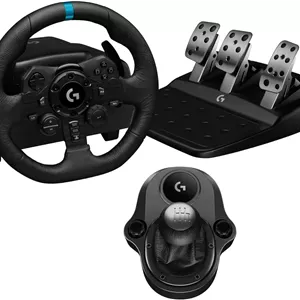فرمان و پدال مسابقه لاجیتک G923 برای PS4 و PS5 - نسخه امارات و دسته دنده مسابقه ای Driving Force برای G923، مشکی