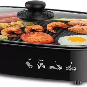 گریل برقی بهداشتی بلک اند دکر، 1500 وات، صفحه گریل نچسب سایز خانواده با درب شیشه ای، کنترل دمای 5 سطح، دستگیره های لمسی خنک، تخلیه چربی کارآمد، قابل شستشو در ماشین ظرفشویی، مشکی - GH1500-B5