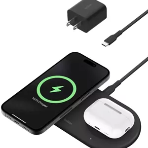 پد شارژ بی‌سیم 2 در 1 Belkin BoostCharge Pro سازگار با MagSafe با Qi2 15Wپورت USB-C اضافی، شارژر سریع برای سری iPhone 13، AirPods و موارد دیگر - مشکی
