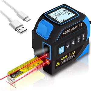 ابزار اندازه گیری لیزری 3 در 1 Menider - LCD دیجیتال و خود قفل شونده، لیزر 60 متری و نوار 5 متری، خط متقاطع و زاویه دو محوره، قابل شارژ برای حرفه ای ها