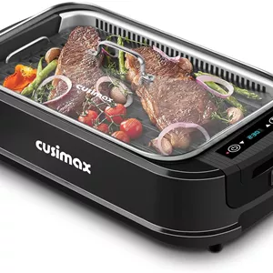 گریل برقی CUSIMAX، گریل داخلی بدون دود با نمایشگر هوشمند LED، درب شیشه‌ای، گریل خانوادگی 1500 وات با صفحه نچسب، کنترل دمای متغیر، گریل سالم با سینی چکه، قابل شستشو در ماشین ظرفشویی
