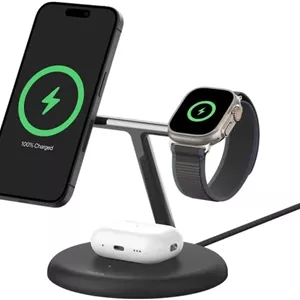 پایه شارژ بی‌سیم 3 در 1 بلکین BoostCharge Pro با Qi2 (15 وات) به همراه آداپتور برق - مشکی