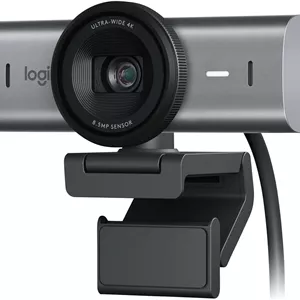 وب کم لاجیتک MX Brio Ultra HD 4K مناسب کنفرانس و استریم، 1080p با سرعت 60 فریم بر ثانیه، دارای دو میکروفون با قابلیت حذف نویز، حالت نمایش، USB-C، پوشش لنز، سازگار با Microsoft Teams، Zoom، Google Meet - گرافیت