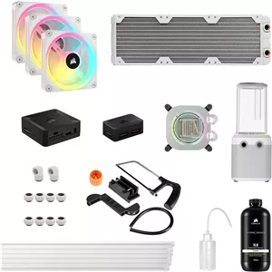 کیت خنک کننده سفارشی CORSAIR Hydro X Series iCUE LINK XH405i – حلقه خنک کننده آبی Hardline – واتر بلاک پردازنده XC7 ELITE – پمپ و مخزن XD5 ELITE D5 – رادیاتور XR5 360mm – 3 عدد فن QX120 RGB – سفید