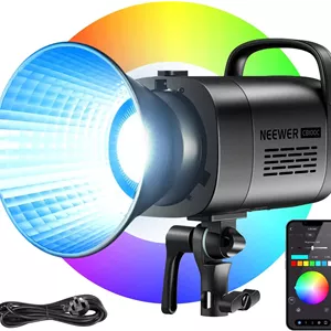 نور ویدئویی ال ای دی RGB نیور CB100C 130 وات، کنترل از طریق اپلیکیشن/2.4G، رنگ کامل 360 درجه 2700K-6500K، خروجی پیوسته و بی صدا 27000lux/m COB با مانت بوئنز، TLCI/CRI97 ، 17 حالت نوری برای ضبط ویدئو و عکاسی