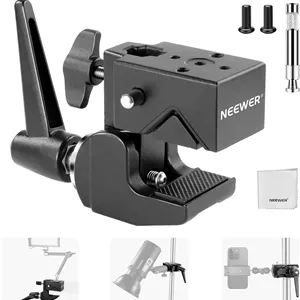 گیره سوپر سنگین NEEWER با حداکثر تحمل وزن 15 کیلوگرم، گیره خرچنگی 2.4 اینچی برای میله گرد و سطح صاف به همراه پیچ 5/8 اینچی / قفل فنری / دستمال تمیز کننده برای نور دوربین عکاسی استودیویی